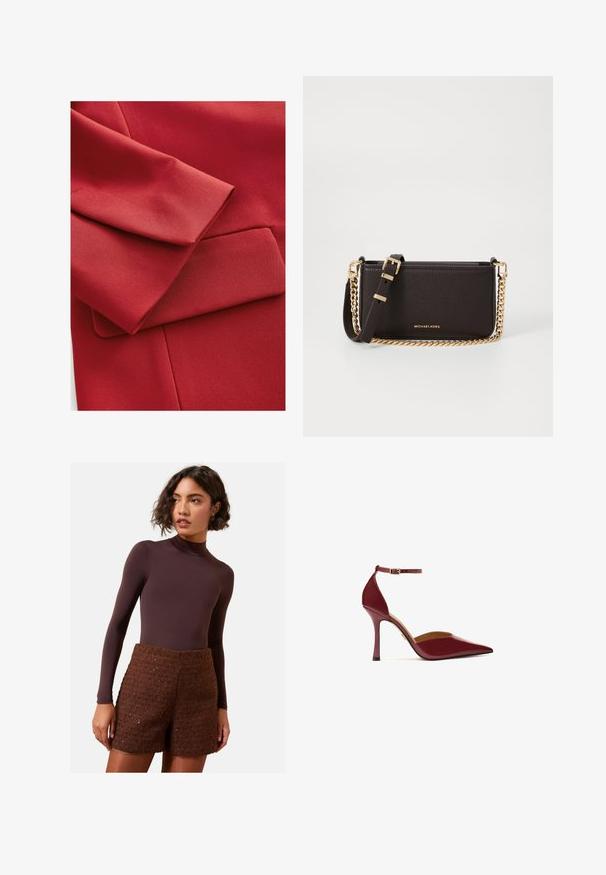 Červená látka s textúrovaným povrchom, so skloneným rukávom a malým detailom vrecka. Viditeľné sú čisté línie a moderné dizajnové prvky.; Biela košela na gombíky s dlhými rukávmi, štruktúrovaným golierom a zaobleným lemom. Vyrobená z hladkej, jednofarebnej látky bez viditeľných vzorov alebo akcentov.; Hnedý dlhý rukáv body spárovaný s textúrovanými hnedými pletenými šortkami. Body má vysoký golier, zatiaľ čo šortky majú štruktúrovaný dizajn.; Burgundské lodičky na vysokom podpätku s lesklým povrchom, špicatou špičkou, remienkom okolo členku so zlatou prackou a štíhlym stiletto podpätkom.; MICHAEL Michael Kors BRYANT SM XBODY POUCHETTE - Taška cez plece - chocolate