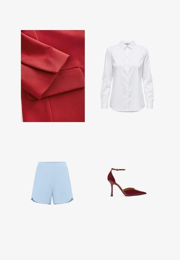 Piros anyag, amelynek textúrázott felszíne van, hajtott ujjú és kis zsebfedéllel rendelkezik. Tiszta vonalak és modern dizájnelemek láthatók.; Fehér, hosszú ujjú, gombos ing, strukturált gallérral és lekerekített aljjal. Zökkenőmentes, egyszínű anyagból készült, látható minták vagy díszítések nélkül.; Világoskék, puha anyagból készült rövidnadrág, rugalmas derékkal, oldalsó zsebekkel és ferde díszítéssel a laza illeszkedés érdekében. Simaság jellemzi.; Fényes burgeny színű magassarkú cipő, hegyes orral, bokapánttal arany csattal és karcsú tűs sarkon.