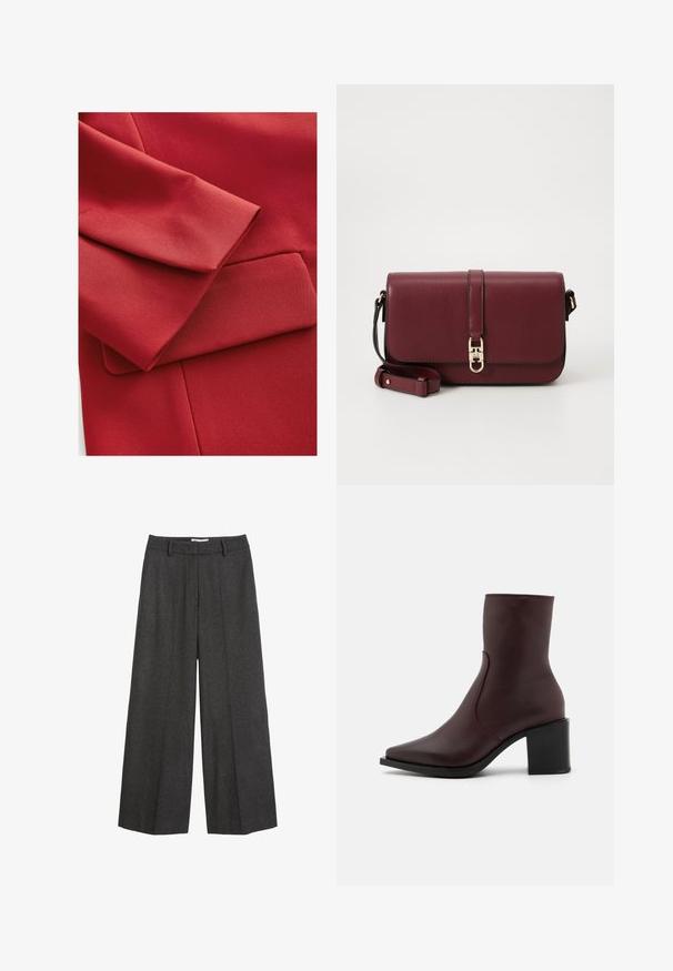 Raudonas audinys su tekstūru, sulenkta rankove ir maža kišenės detalė. Matomos švarios linijos ir modernūs dizaino elementai.; Balta marškinėliai su ilgomis rankovėmis, struktūruota apykakle ir suapvalintu kraštu. Pagaminti iš lygios, vienspalvės medžiagos be matomų raštų ar akcentų.; Platus kojas kelnes tamsiai pilkos spalvos audinio. Yra pritaikytas liemuo su dirželių kilpomis, lygus paviršius ir minimalūs siuvimo akcentai.; Zign LEATHER - Klasikiniai aulinukai - bordeaux; Tommy Hilfiger LIBRE FLAP CROSSOVER - Rankinė per petį - deep rouge; Bordo odinės piniginės su sulankstomu dizainu, auksiniu logotipo akcentu ir lygiu paviršiumi. Kompaktiška ir stačiakampio formos.