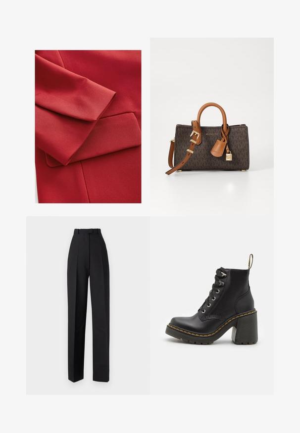 Punainen kangas, jossa on teksturoitu pinta, taitettu hiha ja pieni taskuyksityiskohta. Siistit linjat ja modernit muotoiluelementit ovat näkyvissä.; Mustat lyhythihaiset t-paidat, jotka on valmistettu sileästä kankaasta. Ominaisuuksiin kuuluu pyöreä pääntie ilman näkyviä kuvioita tai korostuksia, tarjoten yksinkertaisen muotoilun.; Mustat korkeavyötäröiset housut laskoksilla, joissa on muotitettu malli ja suorat lahkeet. Valmistettu sileästä kankaasta, vähäisellä yksityiskohdalla.; Musta nahkasaapas nilkkamittaisella varrella, jossa on paksu korkea kenkä, nauhakiristys edessä, metalliset rei'itykset ja keltainen ommel pohjan reunassa. Teksturoitu kumipohja.; Ruskea monogrammilla varustettu käsilaukku, jossa on vaaleanruskeat nahkaketjut, kaksoiskahva ja säädettävä olkahihna. Varustettu kultaisella lukolla ja merkitsemällä.