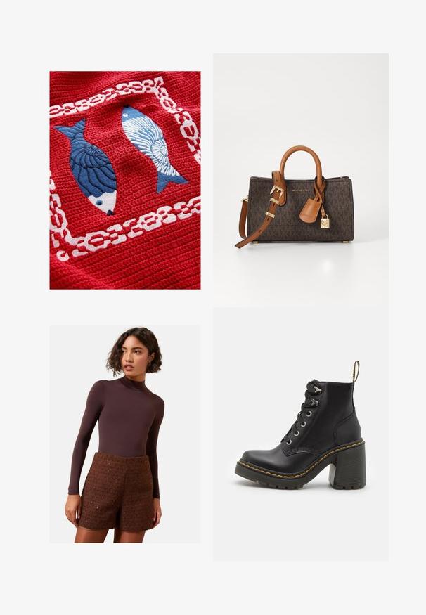 Punane kangas, millel on tekstureeritud pind, volditud varrukas ja väike tasku. Nähtavad on puhas jooned ja kaasaegsed disainielemendid.; Punane tekstureeritud kangas, millel on kaks broderi kalad, üks tumesinine, millel on soomused ja teine helesinine triibupatterniga, ümbritsetud valge ahela kujundiga.; Pruun pikkade varrukatega bodi koos tekstuursete pruuni lõngaga lühikeste pükstega. Bodil on kõrge kaelus, samas kui pükstel on struktureeritud disain.; Must musta jalaehted, millel on paksad kõrged kontsad, nööpidega ees, metallist silmad ja kollane õmblus tallal. Tekstuuriga kummist välistald.; Pruun monogrammiga käekott, millel on heleda nahaga detailid, kahekordne käepide ja reguleeritav õlavarre rihm. Sisaldab kuldset lukku ja brändi silti.