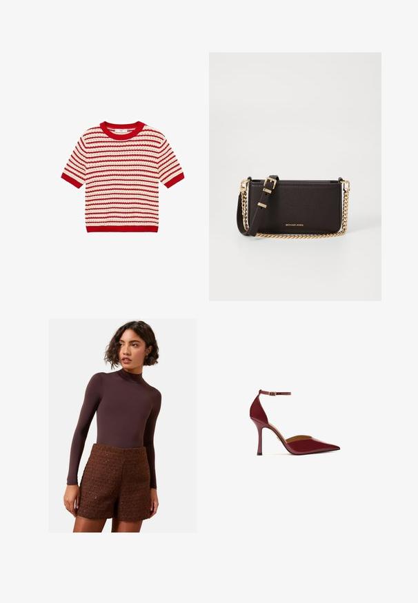 Red fabric featuring a textured surface with a folded sleeve and a small pocket detail. Clean lines and modern design elements are visible.; Mango MIMOI - Print T-shirt - red; White button-up shirt with long sleeves, structured collar, and rounded hem. Made from a smooth, solid fabric with no visible patterns or accents.; Brown long-sleeve bodysuit paired with textured brown knit shorts. The bodysuit has a high neck, while the shorts feature a structured design.; High-heeled burgundy pump with a glossy finish, pointed toe, ankle strap with a gold buckle, and a slender stiletto heel.; MICHAEL Michael Kors BRYANT SM XBODY POUCHETTE - Cross body bag - chocolate