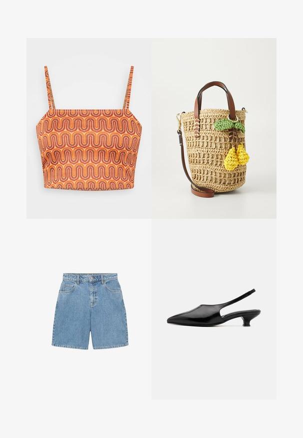 Red fabric featuring a textured surface with a folded sleeve and a small pocket detail. Clean lines and modern design elements are visible.; Multicolored cropped top with thin straps, featuring a wavy pattern in orange, red, and brown on a textured fabric.; Denim shorts in light blue, featuring a high waist, four pockets, and visible stitching. Made of textured denim fabric.; Black leather slingback heels with a pointed toe, open sides, and a short, flared heel. Smooth texture and minimalist design.; Woven straw bucket bag with a tan leather strap, featuring a green leaf and two yellow crocheted lemon accents hanging from the side.