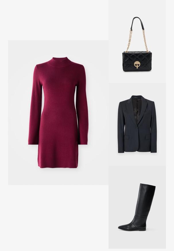 Sötét tengerészkék blézer strukturált dizájnnal, belevágott hajtókákkal, egyszárnyú gombos zárással és két elülső zsebbel. Simaszerű anyag finom textúrával.; Hosszú ujjú, testéhez simuló bordó kötött ruha, álló nyakkal, egyenes szegéllyel és sima textúrával, egyszínű háttér előtt.; Fekete bőr, térdig érő csizma hegyes orral és minimalista dizájnnal. Simább textúra és lapos talp, diszkrét oldalsó varrási részletekkel.; Fekete steppelt bőr kézitáska arany lánc pánttal, kerek zár részlettel. Kompakt, téglalap alakú, sima felülettel.