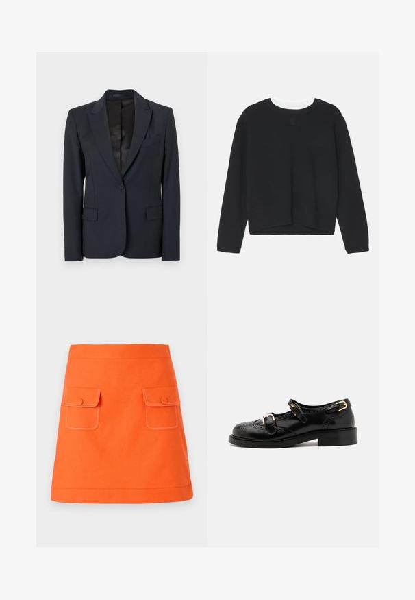 Dunkelblazer in Marineblau mit strukturiertem Design, Reverskragen, einreihigem Knopfverschluss und zwei Fronttaschen. Glattes Material mit subtilem Muster.; Schwarzer Sweatshirt mit langen Ärmeln, Rundhalsausschnitt und einem leicht verkürzten Saum. Aus weichem Stoff gefertigt, mit einem dezenten Logodetail auf der Vorderseite.; Orange Baumwollrock mit zwei frontalen Taschen, Knopfverschlüssen und kontrastierenden weißen Nähten. A-Linie mit einer definierten Taille.; Schwarze Lederschuhe mit Broguedetails, ausgestattet mit zwei Schnallenriemen, einer abgerundeten Zehenpartie und einem flachen Absatz. Glatte Textur mit glänzendem Finish.