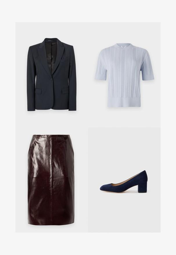 Mörk marinblå blazer med en strukturerad design, med snedställda slag, enkel knappstängning och två framfickor. Slät tyg med en subtil struktur.; Ljust blå kortärmad stickad topp med vertikal ribbad textur och rund halsringning. Tyget har subtila detaljer med en figurnära nederkant.; Mörk burgundy imitationsläderpennkjol med en mjuk textur, hög midja och subtil centralseamsdetalj.; Mörkblå mockapumps med spetsig tå och medelhög blockklack. Slät textur med en subtil glans och en liten utskärning framtill.