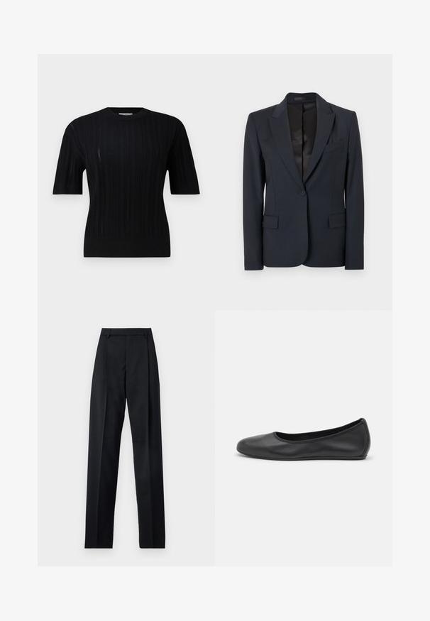 Dunkelblazer in Marineblau mit strukturiertem Design, Reverskragen, einreihigem Knopfverschluss und zwei Fronttaschen. Glattes Material mit subtilem Muster.; Filippa K BRAID - Strickpullover - black; Schwarze Hosen aus glattem Stoff mit hoher Taille, weitem Bein, vorderen Falten und klassischen Gürtelschlaufen. Keine sichtbaren Seitentaschen.; Schwarze Leder-Ballettschuhe mit abgerundeter Spitze, glatter Textur, minimalen Nähdetails und einem flexiblen Sohlen-Design.