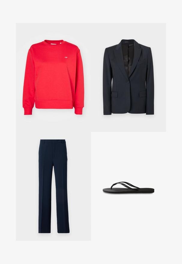 Blazer bleu navy foncé avec un design structuré, des revers crantés, une fermeture à un seul bouton et deux poches avant. Tissu lisse avec une texture subtile.; Sweatshirt en coton rouge avec un col rond, des manches longues, des poignets et un ourlet côtelés, et un petit logo sur la poitrine.; Pantalons bleu marine en tissu lisse, présentant un design à jambe droite avec des plis avant et des poches latérales pour une allure soignée.; Tongs noires avec une semelle en caoutchouc texturée, deux fines lanières et un détail de logo embossé subtil sur la lanière.