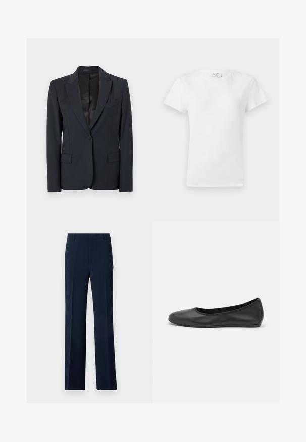 Blazer bleu navy foncé avec un design structuré, des revers crantés, une fermeture à un seul bouton et deux poches avant. Tissu lisse avec une texture subtile.; T-shirt en coton blanc avec un col rond et des manches courtes, présentant une coupe décontractée et un design minimaliste. Étiquette visible au niveau du cou.; Pantalons bleu marine en tissu lisse, présentant un design à jambe droite avec des plis avant et des poches latérales pour une allure soignée.; Ballerines en cuir noir avec un bout rond, texture lisse, détails de couture minimalistes et design de semelle flexible.