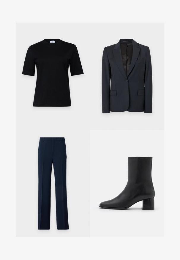Tmavě námořnický blejzr se strukturovaným designem, zúženými klopami, zapínáním na jeden knoflík a dvěma předními kapsami. Hladká tkanina s jemnou texturou.; Černé tričko s krátkým rukávem vyrobené z měkkého materiálu, s kulatým výstřihem a rovným střihem; má minimalistický design bez viditelných vzorů.; Námořnické modré kalhoty vyrobené z hladkého materiálu, s rovnými nohavicemi, předními záhyby a bočními kapsami pro upravený vzhled.; Černé kožené kotníkové boty s špičatou špičkou a robustním čtvercovým podpatek. Hladká textura s bezšvovým designem a minimalistickým prošíváním.