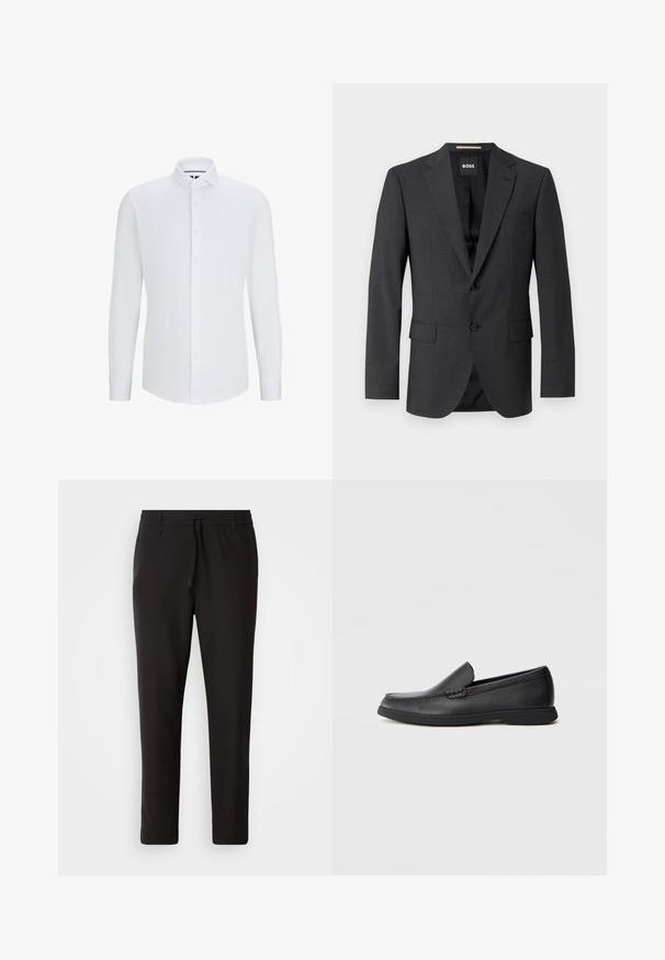 Tamsiai pilkas švarkas su klasikine notch apykakle, dviem priekinėmis kišenėmis, vieno mygtuko uždarymu ir subtiliu tekstūruotu audiniu. Vidaus dalis juoda.; Balta ilgomis rankovėmis marškiniai su klasikiniais apykakle. Pagaminti iš lygaus audinio, su standartine mygtukų linija ir vieno mygtuko rankovėmis.; Juodi džinsai, pagaminti iš lygaus audinio. Yra elastinė juosmens juosta su raišteliu, siaurėjantys džinsai, be matomų kišenių. Paprastas dizainas.; Juodas odinis slip-on loafer'as su tekstūruotu paviršiumi, apvaliu pirštu, žemu kulnu ir guminėmis padais, parodytas šoniniame profilyje ant balto fono.