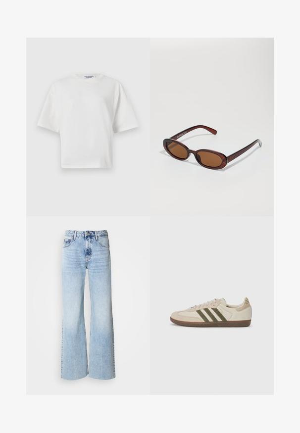 Bēša jaka ar melnu apkakli, priekšējais rāvējslēdzis un divas lielas kabatas. Tam ir izšūts teksts kreisajā krūtī.; Balta īsā t-kreklā ar apaļu kakla izgriezumu, īsām piedurknēm un gludu kokvilnas tekstūru. Satur drukātu zīmola etiķeti uz kakla.; Gaiši zili plati bikšu džinsi ar izbalējušu denima tekstūru, augstu jostu un klasisku piecu kabatu dizainu. Ar pogu un rāvējslēdzēju.; adidas Originals SAMBA OG UNISEX - Sporta apavi - alumina/medium dark khaki/gum; Apaļas, brūnīgi nokrāsotas saulesbrilles ar spīdīgu bordo rāmīti. Šauri kāti ar diskrētu zīmola detaļu. Plakana objektīva dizains.