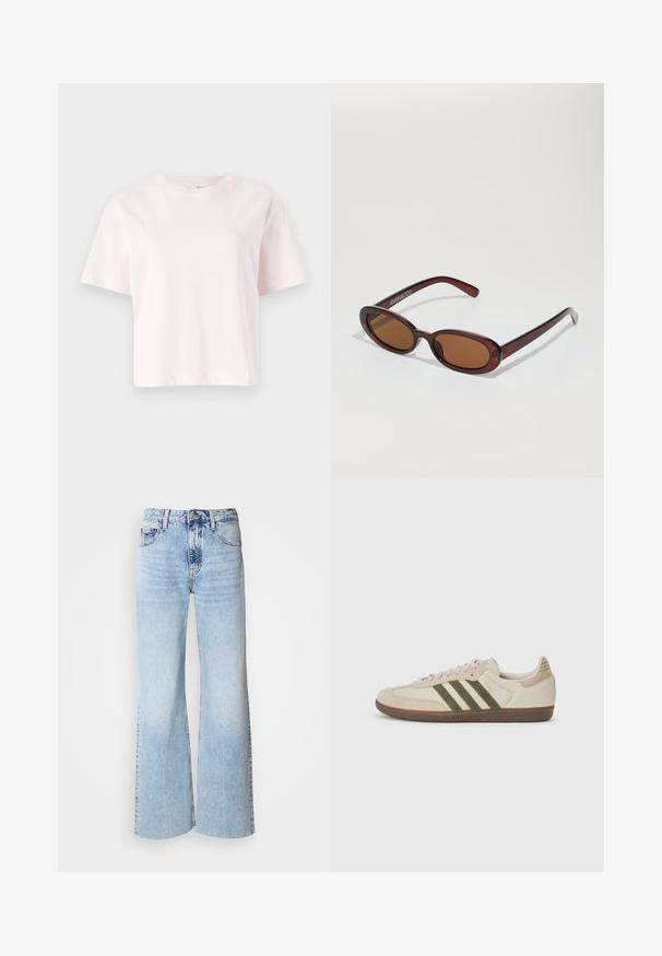 Beige jacket with a black collar, front zipper, and two large patch pockets. Features embroidered text on the left chest.; Light pink, short-sleeved, cropped t-shirt made of soft cotton. Features a crew neckline and a relaxed fit. No visible patterns or hardware.; Light blue wide-leg jeans with faded denim texture, high waist, and classic five-pocket design. Features a button and zipper closure.; adidas Originals SAMBA OG UNISEX - Trainers - alumina/medium dark khaki/gum; Round, brown-tinted sunglasses with a glossy burgundy frame. Slim arms with subtle branding detail. Flat lens design.