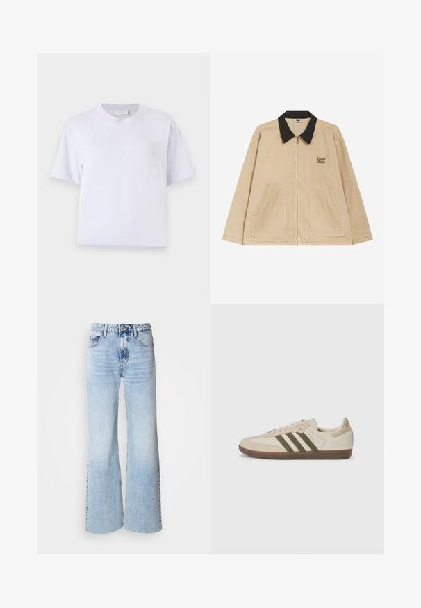Beżowa kurtka z czarnym kołnierzem, zamek błyskawiczny z przodu i dwiema dużymi kieszeniami naszytymi. Posiada haftowany tekst na lewej piersi.; Biała bawełniana koszulka z luźnym krojem, krótkimi rękawami, okrągłym dekoltem i bez widocznych wzorów czy zdobień. Gładka tekstura.; Jasnoniebieskie dżinsy o szerokich nogawkach z wyblakłą teksturą denimu, wysoki stan i klasyczny pięcio-kieszeniowy design. Zawierają zapięcie na guzik i suwak.; adidas Originals SAMBA OG UNISEX mleczny