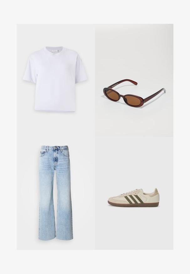 Bežna jakna s črnim ovratnikom, sprednjim zadrgo in dvema velikima nalepkama. Ima vezeno besedilo na levem prsnem delu.; Bela bombažna majica s sproščenim krojem, kratkimi rokavi, krožnim ovratnikom in brez vidnih vzorcev ali okraskov. Gladka tekstura.; Svijetloplave traperice širokog kroja s izblijedjelim traper teksturom, visoki struk i klasični dizajn s pet džepova. Imaju zatvaranje na dugme i patentni zatvarač.; adidas Originals SAMBA OG UNISEX - Športni copati - alumina/medium dark khaki/gum; Okrogle, rjavo obarvane sončne naočare z sijočim burgundskim okvirjem. Tanek nosilec s subtilnim logotipom. Oblika leč je ravna.