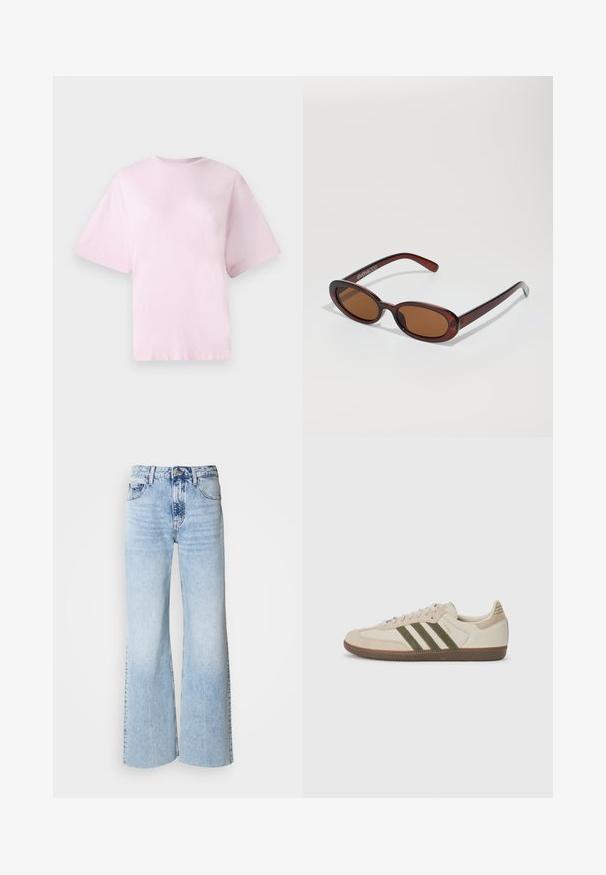 Bēša jaka ar melnu apkakli, priekšējais rāvējslēdzis un divas lielas kabatas. Tam ir izšūts teksts kreisajā krūtī.; Rozā kokvilnas T-krekls ar apaļu kaklu, īsām piedurknēm un pārāk lielu piegriezumu. Mīksta tekstūra un vienkāršs dizains bez rakstiem vai akcentiem.; Gaiši zili plati bikšu džinsi ar izbalējušu denima tekstūru, augstu jostu un klasisku piecu kabatu dizainu. Ar pogu un rāvējslēdzēju.; adidas Originals SAMBA OG UNISEX - Sporta apavi - alumina/medium dark khaki/gum; Apaļas, brūnīgi nokrāsotas saulesbrilles ar spīdīgu bordo rāmīti. Šauri kāti ar diskrētu zīmola detaļu. Plakana objektīva dizains.