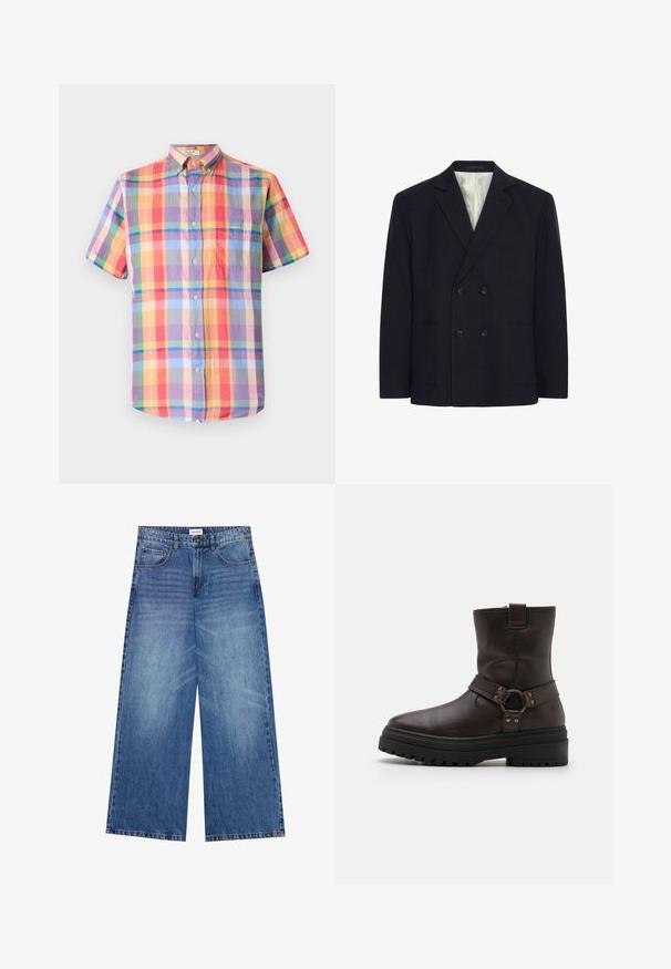 Divu rindu melna blazer ar četriem pogām, iegrieztām atloki, divām priekšējām kabatām un baltas svītrainas iekšējās oderes.; Kreklu ar īsām piedurknēm multicolor šaha rakstā, ar pogām, pogām ar nokrišņiem un vienu krūšu kabatu. Izgatavots no viegla auduma.; Platas kājas džinsi gaiši zilā denimā, ar pogu aizdari, četrām kabatām un nedaudz nodilušu tekstūru uz auduma.; Brūnas ādas potītes zābaki ar kvadrātveida purngalu, jostu akcentiem un biezu melnu zoli. Iekļauj sānu rāvējslēdzēju un strukturētu virsmu.