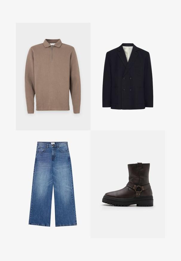 Kaksikkainneline must bleiser nelja nupuga, vaheseelistele kraedega, kahe esipocketiga ja valgete triipudega voodriga.; Pruun pikkade varrukatega polo särk, millel on tõmblukk kaelas, ribakujuline tekstuur ja sirge äär. Omab pikkade varrukatega lõiget ja vabamat istuvust.; Heledad pükste säravsinised teksad, millel on nööpkinnitus, neli taskut ja kangas on veidi kulunud tekstuuriga.; Pruun nahkne pahkluu saabas ruuduvarbaga, lukukinnitusdetailide ja paksu musta tallaga. Omab külgniidi ja tekstureeritud pinda.