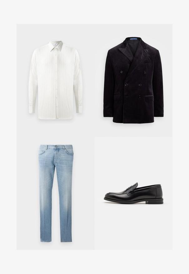 Dvojité sako z tmavého sametu s špičatými klopami, čtyřmi černými knoflíky a kapsami s klapkou od Polo Ralph Lauren.; Černý svetr s kulatým výstřihem vyrobený z hladkého pleteného materiálu. Dlouhé rukávy s úzkými manžetami a volný střih po celém těle.; Bílá košile s dlouhým rukávem a tenkými vertikálními pruhy, zapínání na knoflíky, špičatý límec a detaily na manžetách. Vyrobena z lehké tkaniny.; Světle modré džíny s rovnými nohavicemi, jemným vyblednutím, pěti kapsami a zapínáním na knoflík v pase.; Černé kožené polobotky s hladkou texturou, zaoblenou špičkou a zdobným páskem přes nárt. Nízký stohovaný podpatek, minimalistický design.
