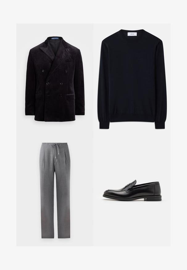 Blazer doppiopetto in velluto scuro con rever a punta, quattro bottoni neri e tasche con pattina di Polo Ralph Lauren.; Maglione nero a girocollo realizzato in un tessuto a maglia liscia. Maniche lunghe con polsi aderenti e vestibilità rilassata su tutto il corpo.; Pantaloni grigi su misura con vita regolabile, pinces e gambe dritte. Il tessuto è morbido, con una finitura a trama sottile.; Mocassini neri in pelle con una texture liscia, punta arrotondata e una striscia decorativa sulla tomaia. Tacco basso impilato, design minimalista.