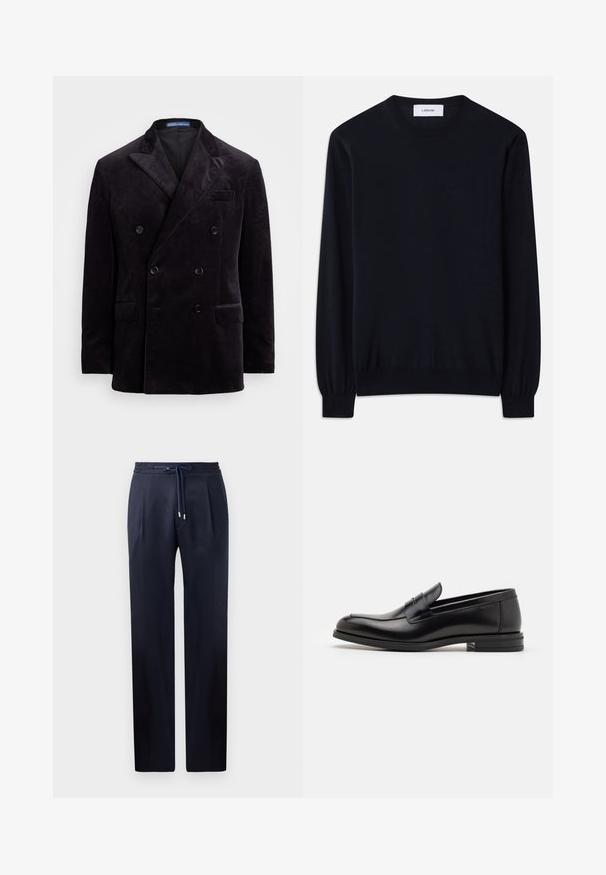 Dvojité sako z tmavého sametu s špičatými klopami, čtyřmi černými knoflíky a kapsami s klapkou od Polo Ralph Lauren.; Černý svetr s kulatým výstřihem vyrobený z hladkého pleteného materiálu. Dlouhé rukávy s úzkými manžetami a volný střih po celém těle.; Námořnické modré kalhoty s uvolněným střihem, elastickým pasem a stahovací šňůrkou. Obsahují dva přední sklady a rovné nohavice bez kapes.; Černé kožené polobotky s hladkou texturou, zaoblenou špičkou a zdobným páskem přes nárt. Nízký stohovaný podpatek, minimalistický design.