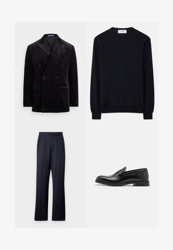 Dvojité sako z tmavého sametu s špičatými klopami, čtyřmi černými knoflíky a kapsami s klapkou od Polo Ralph Lauren.; Černý svetr s kulatým výstřihem vyrobený z hladkého pleteného materiálu. Dlouhé rukávy s úzkými manžetami a volný střih po celém těle.; LARDINI PANTALONE UOMO - Kalhoty - navy; Černé kožené polobotky s hladkou texturou, zaoblenou špičkou a zdobným páskem přes nárt. Nízký stohovaný podpatek, minimalistický design.