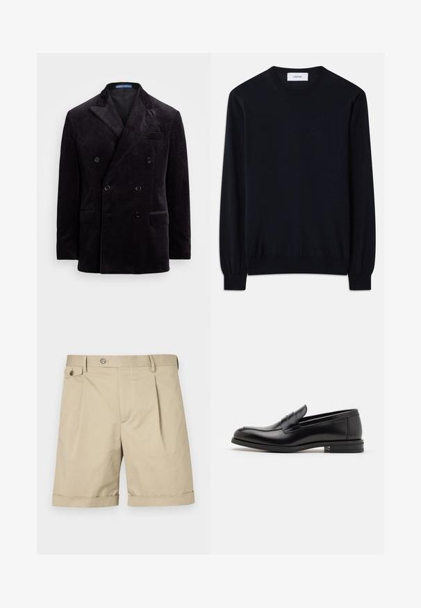 Sötét bársonyból készült, kétsoros blézer csúcsos hajtókákkal, négy fekete gombbal és zsebkendő zsebekkel a Polo Ralph Laurentól.; Fekete kereknyakú pulóver sima kötött anyagból. Hosszú ujjak szűk mandzsettával és laza illeszkedés a testtől.; Beige pamut keverékből készült rövidnadrág, elöl redőkkel, gombos záródással és felgöngyölt szárakkal a díszítés érdekében.; Fekete bőr loaferek sima textúrával, kerek orral és dekoratív pánttal a vampnál. Alacsony, rétegelt sarkú, minimalista dizájn.