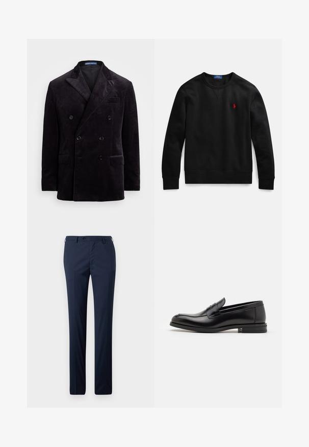 Sötét bársonyból készült, kétsoros blézer csúcsos hajtókákkal, négy fekete gombbal és zsebkendő zsebekkel a Polo Ralph Laurentól.; Fekete, pamut anyagból készült kereknyakú pulóver, bal oldali mellrészen kis piros logóval, bordázott mandzsettával és szegéllyel.; Sötétkék elegáns nadrág egyenes szabásban, sima textúrával, egy gombos zárással és övpántokkal a testre szabott illeszkedésért.; Fekete bőr loaferek sima textúrával, kerek orral és dekoratív pánttal a vampnál. Alacsony, rétegelt sarkú, minimalista dizájn.