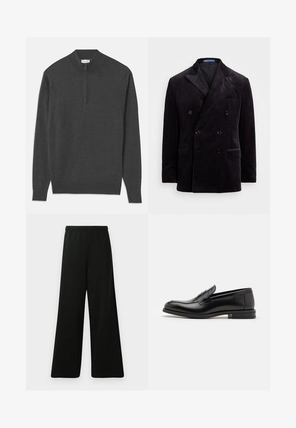Dvojredni tamni sametni sako s vrhovima revera, štirimi črnimi gumbi in žepkami z letvami, blagovne znamke Polo Ralph Lauren.; Temno siva pulover majica z zadrgo na vratu, dolgimi rokavi, rebrastimi manšeti in robom, izdelana iz mehkega blaga z gladko teksturo.; Črne hlače širokega kroja, izdelane iz mehke tkanine. Imajo elastičen pas, gladko teksturo in preprost, sodoben dizajn brez vzorcev.; Črne usnjene loafer čevlje z gladko teksturo, zaobljenim nosom in dekorativnim trakom čez zgornji del. Nizka zložena peta, minimalističen dizajn.