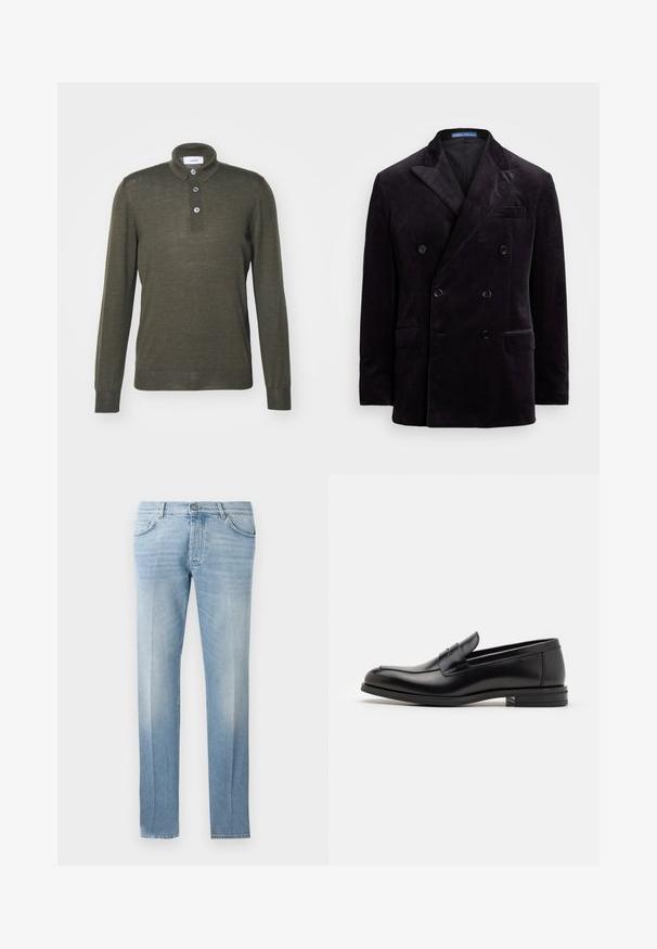 Double-breasted dark velvet blazer with peak lapels, four black buttons, and flap pockets by Polo Ralph Lauren.; LARDINI UOMO - Long sleeved top - dark brown; Light blue denim jeans with a straight leg cut, subtle fading, five-pocket design, and a button fastening at the waist.; Black leather loafers with a smooth texture, rounded toe, and a decorative strap across the vamp. Low stacked heel, minimalist design.