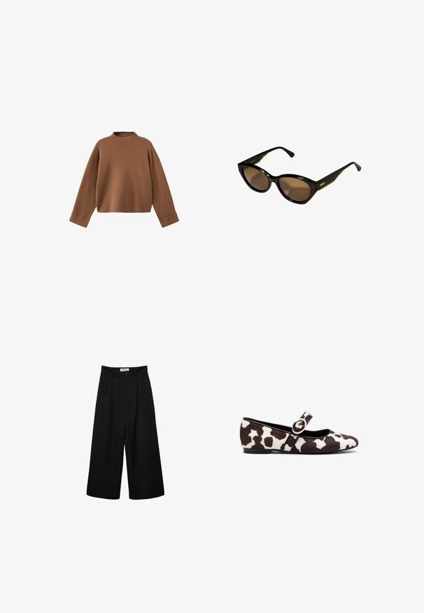 Braun mélange Doppelreiher-Jacke mit breiten Revers, zwei Seitentaschen und schwarzen Knöpfen. Glatte Innenauskleidung. Boxy-Schnitt.; Brauner Strickpullover mit hohen Kragen, abgesenkten Schultern und engen Bündchen. Weiche Textur und cropped Design.; Schwarze weite Hosen mit hoher Taille, gefaltetem Vorderteil und Knopfverschluss. Aus glattem Stoff mit maßgeschneidertem Design.; Ballettflats aus weißen und braunen Kuhfell mit rundem Zehenbereich und einem Riemen mit einer runden Schnallendetail. Flache Sohle.; Schwarze Cat-Eye-Sonnenbrille mit braunen Gläsern. Strukturiertes goldfarbenes Zubehör an den Bügeln. Glatter Kunststoffrahmen mit glänzender Oberfläche.