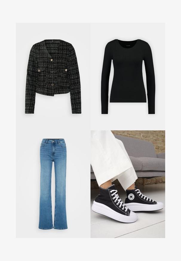 Black and white checkered jacket featuring a cropped design, gold buttons, two front pockets, and a textured fabric.; Black long-sleeve shirt made of ribbed fabric. Features a round neckline and fitted silhouette. Simple design without patterns or accents.; High-waisted blue denim flared jeans with a smooth texture, front pocket stitching, and raw hems at the wide leg openings.; Black high-top sneakers with white rubber soles and laces. Features a round logo patch and contrasting white stitching. Canvas material.