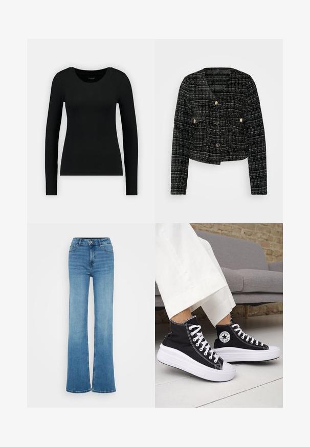 Czarnobiała kurtka w kratę o krótkim kroju, z złotymi guzikami, dwiema przednimi kieszeniami i teksturowanym materiałem.; Czarna koszulka z długim rękawem wykonana z prążkowanej tkaniny. Posiada okrągły dekolt i dopasowany krój. Prosty design bez wzorów ani akcentów.; Jeans dżinsowe w kolorze niebieskim z wysokim stanem, rozszerzanym u dołu, o gładkiej fakturze, z przeszyciami kieszeni z przodu oraz surowymi brzegami przy szerokich nogawkach.; Czarne trampki typu high-top z białą gumową podeszwą i sznurówkami. Posiadają okrągłą naszywkę z logo oraz kontrastujące białe przeszycia. Wykonane z materiału płóciennego.