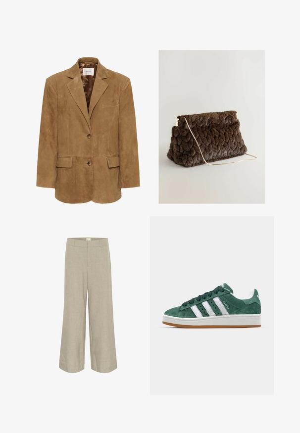 Blazer din suede maro cu guler cu tăietură, închidere cu un singur buton, două buzunare frontale și o siluetă elegantă. Căptușeală interioară netedă.; Pulover cu guler înalt de culoare gri închis, realizat dintr-un material tricotat cu nervuri. Prezintă nervuri late la tiv și la manșete, având o croială relaxată, supradimensionată.; Pantaloni largi de culoare bej deschis, dintr-un material texturat, cu un tiv neted și buzunare laterale pentru o potrivire și un aspect relaxat.; Tenis verde din suede cu dungi albe din piele, talpă din cauciuc, guler căptușit și design minimalistic. Prezintă branding pe lateral.; Poșetă de mână din blană artificială maro, cu o textură matlasată, curea de lanț aurie și un design elegant, rectangular. Ideală pentru ocazii formale.