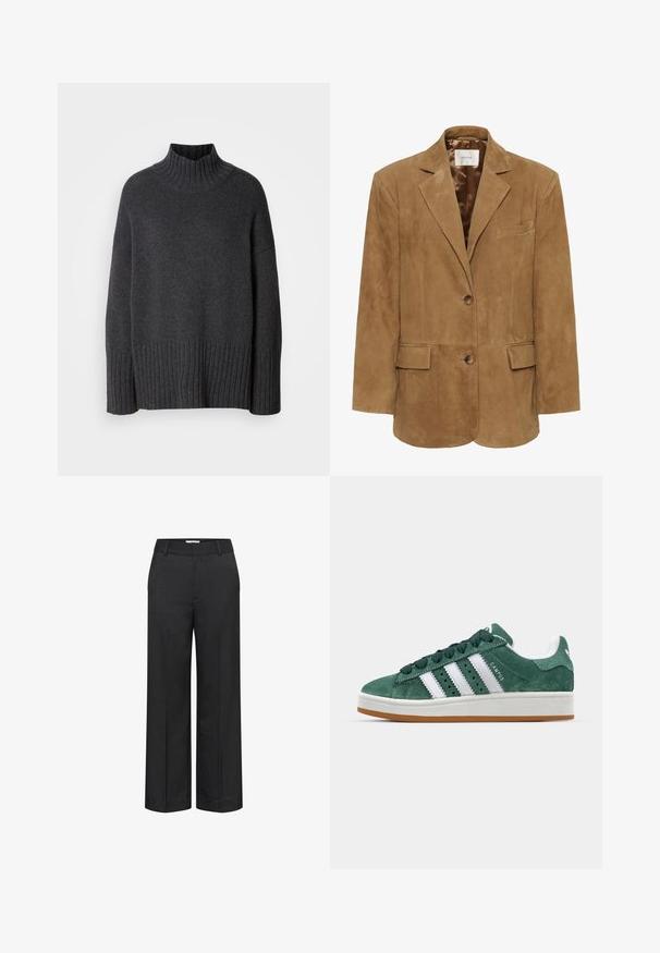 Braune Wildlederblazer mit Reverskragen, einreihiger Knopfverschluss, zwei vorderen Taschen und schlanker Silhouette. Glatte Innenauskleidung.; Dunkelgrauer Rollkragenpullover aus geripptem Strickmaterial. Verfügt über breite Rippungen am Saum und an den Bündchen, mit einem lockeren, übergroßen Schnitt.; Weite Hose in Dunkelgrau, aus strukturiertem Stoff. Mit einem glatten Bund und einer vorderen Bügelfalte für einen maßgeschneiderten Look.; Grüne Wildleder-Sneaker mit weißen Lederstreifen, Gummisohle, gepolsterter Kragen und minimalistischem Design. Mit Branding an der Seite.