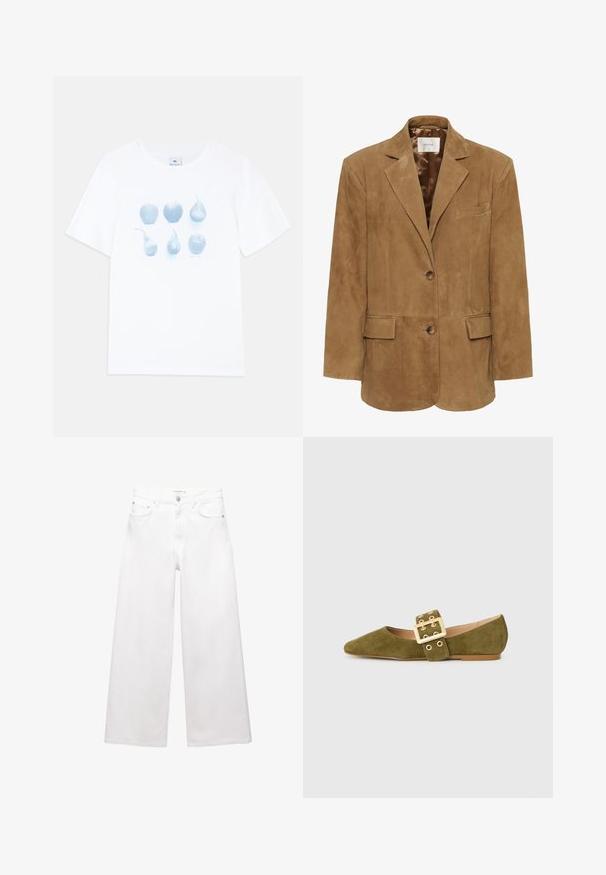 Blazer in suede marrone con colletto a rever, chiusura a un bottone, due tasche frontali e una silhouette slanciata. Fodera interna liscia.; T-shirt bianca in cotone con una grafica blu che raffigura sei illustrazioni di frutta: tre mele e tre pere, che variano in forma e dimensione.; Jeans bianchi a gamba larga in cotone, caratterizzati da un'alta vita, design a cinque tasche e dettagli in ottone. Texture liscia e non trattata.; Ballerine in camoscio verde oliva con punta appuntita, caratterizzate da una ampia cinturino e dettaglio in fibbia dorata, e una suola piatta marrone.