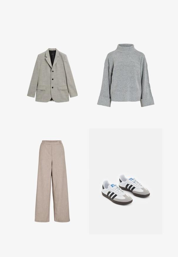 Houndstooth patterned blazer in gray and black, single-breasted with notch lapels, three buttons, and two front pockets. Lined interior.; Gray knitted sweater with a high collar, wide sleeves, and textured fabric. Features a casual fit and ribbed accents at the cuffs and hem.; Beige wide-leg trousers made of lightweight fabric. Features a smooth texture, a fitted waist, and side pockets for functional detail.; Sport shoes with a white leather upper, gray suede toe, and three black stripes. Features a blue logo on the tongue and a textured rubber sole.