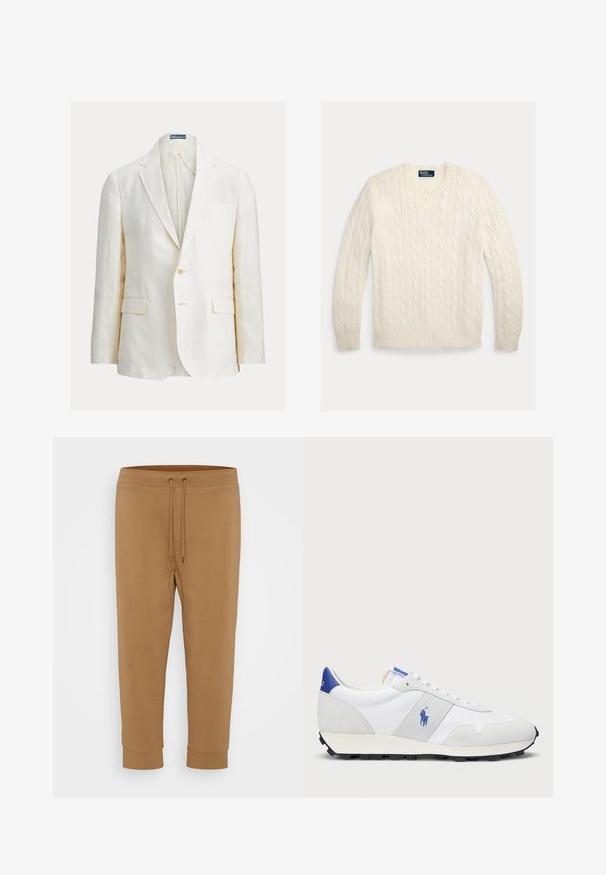 Lininis švarkas smėlio spalvos su vienu sagos užsegimu, iškirptais atlapais ir dviem priekinėmis kišenėmis. Ypatingas subtilus siūlių dekoravimas.; Kremo spalvos megztinis su pynimo raštu, apvalia apykakle, ruoželiais apjuostais rankogaliais ir apačia. Pagamintas iš minkštos medžiagos, su visame megztinyje matomu tekstūriniu raštu.; Polo Ralph Lauren Big & Tall DOUBLE-KNIT JOGGER PANT - Treningo apatinė dalis - new bronze; Baltos sportinės snukerius su pilkais zomšos akcentais, tinklelio viršumi, mėlynu kulno užtrauktuku ir juodu guminėmis padais. Įrengtas raištelių uždarymu ir logotipu.