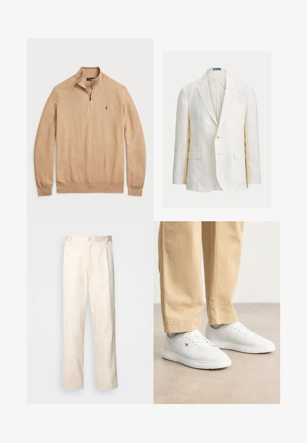 Lininis švarkas smėlio spalvos su vienu sagos užsegimu, iškirptais atlapais ir dviem priekinėmis kišenėmis. Ypatingas subtilus siūlių dekoravimas.; Smėlinis džemperis su užtrauktuku, pagamintas iš tekstūruoto trikotažo, su raišteliais rankogaliuose ir apvadu; ant krūtinės yra mažas logotipas.; Bežinės medvilninės kelnės su tiesiu kirpimu, turinčios mygtuko uždarymą ir priekyje raukšles papildomai dekoratyviam akcentui.; Baltos odinės sportbačiai su lygia apdaila, su apvalia nosimi, nėriniais ir subtiliu logotipo detaliu šone, derinami su béžinėmis kelnėmis.