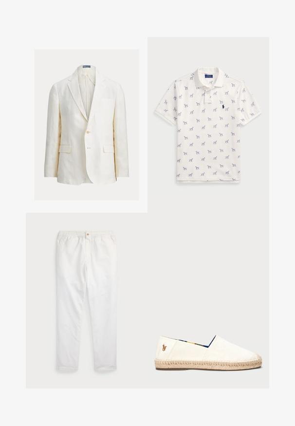 Linen blazer in off-white with a single button closure, notched lapels, and two front pockets. Features a subtle stitch detailing.; White polo shirt made of cotton, featuring a repeated blue dog pattern and a small blue logo on the chest. Short sleeves and collar.; White cotton trousers featuring an elastic waistband with a single gold button, straight leg design, smooth texture, and no visible patterns.; Canvas espadrille in off-white with a rope sole. Features a blue patterned lining and a small embroidered logo on the heel.