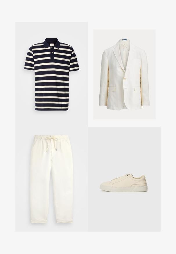 Lininis švarkas smėlio spalvos su vienu sagos užsegimu, iškirptais atlapais ir dviem priekinėmis kišenėmis. Ypatingas subtilus siūlių dekoravimas.; Tamsiai mėlyna ir balta juostuota polo marškinėliai, trumpomis rankovėmis, medvilninė medžiaga, dvi mygtukų užsegimas, siuvinėtas logotipas ant krūtinės.; Šviesiai kreminės spalvos, laisvalaikio kelnės iš minkštos medžiagos. Turi elastinį juosmenį su raišteliais ir siaurėjantį kojų dizainą.; Kreminio odos sportbačiai su apvaliu nosiu, minimalistiniu dizainu, subtiliomis siuvimo detalėmis ir tekstūrine viršutine dalimi, ant šviesios pado.