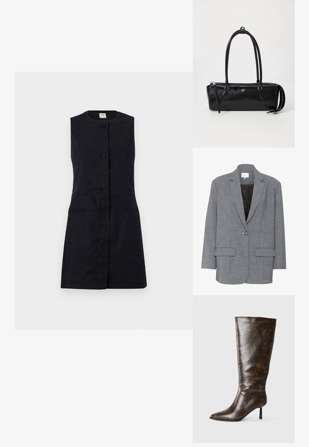 Blazer cinza feito de tecido texturizado com costura branca, duas bolsos frontais e fecho de botão único. Interior forrado em preto.; Vestido preto sem mangas feito de um tecido texturizado, apresentando um decote redondo, botões na frente e dois bolsos laterais.; Bota alta de couro marrom desgastado com bico fino e salto agulha em fundo branco.; Bolsa de couro preta com forma retangular, textura suave, duas alças, fecho com zíper e um pequeno logótipo na parte da frente.