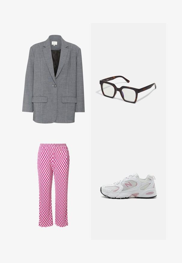Šedý blazer vyrobený z texturované tkaniny s bílým prošíváním, dvěma předními kapsami a zapínáním na jeden knoflík. Podšitý černou podšívkou.; Vero Moda Tall VMHAPPINESS ROLLNECK - Svetr - winetasting; Růžové a bílé kostkované kalhoty s elastickým pasem, zkrácená délka a mírně volánkový lem. Vyrobené z lehké, žebrované tkaniny.; Bílé sportovní boty se síťovaným a syntetickým svrškem, růžovými detaily, polstrovaným límcem a černou gumovou podrážkou. Disponují viditelnými perforacemi a logem.; Čtvercové sluneční brýle s acetátovým rámem v želvovinovém vzoru a průhlednými skly. Mají široké stranice a matný povrch, což zvyšuje celkovou odolnost.; Krémová kožená kabelka přes rameno s půlkruhovým tvarem, tenkým popruhem a jemnými švy. Minimalistický design s akcenty ve zlatém tónu.