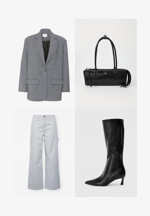 Sivý blazer vyrobený z textúrovanej látky s bielym šitím, dvoma prednými vreckami a zapínaním na jeden gombík. Podšívka v čiernej farbe.; Biele košeľové tričko s dlhým rukávom a širokým golierom, s hladkou textúrou a predným zapínaním na gombíky.; Sivé široké cargo nohavice s gombíkovým zapínaním, dvoma bočnými vreckami a jedným vreckom so klopou. Vyrobené z odolnej tkaniny s hladkou štruktúrou.; Čierne kožené čižmy po kolená s ostrou špičkou a skromným podpätkom. Hladká textura a elegantný dizajn s jemnými stehovými detailmi.; Čierna kožená kabelka s obdĺžnikovým tvarom, hladkým povrchom, dvoma uchami, zipsom na uzatvorenie a malým logom na prednej strane.