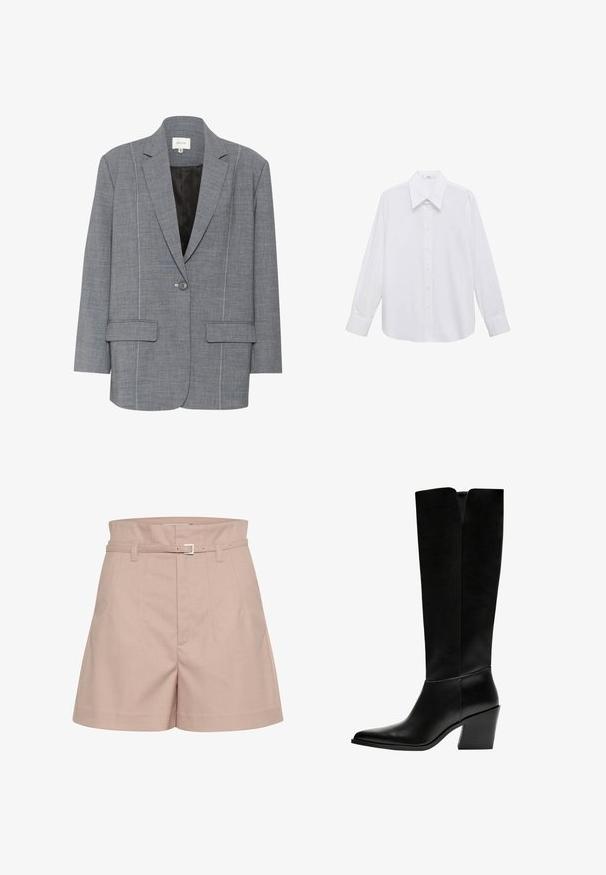 Sivý blazer vyrobený z textúrovanej látky s bielym šitím, dvoma prednými vreckami a zapínaním na jeden gombík. Podšívka v čiernej farbe.; Biele košeľové tričko s dlhým rukávom a širokým golierom, s hladkou textúrou a predným zapínaním na gombíky.; Svetloružové šortky na mieru vyrobené z textúrovanej tkaniny, so širokým pásom, pútkami na opasok a detailom so striebornou sponou.; Čierne vysoké čižmy vyrobené z hladkej kože, s ostrou špičkou, blokovým podpätkom a V-čkovým výrezom na vrchu.