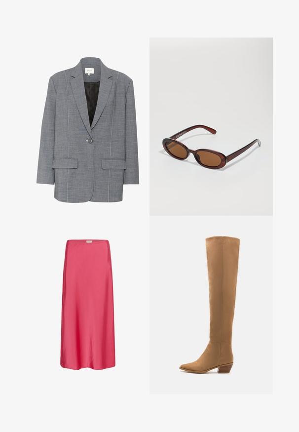Sivý blazer vyrobený z textúrovanej látky s bielym šitím, dvoma prednými vreckami a zapínaním na jeden gombík. Podšívka v čiernej farbe.; Biely top bez rukávov vyrobený z ľahkej textílie. Má zaoblený výstrih a široké ramenné otvory, s hladkou textúrou a minimálnym dizajnom.; Ružová saténová midi sukňa s hladkou textúrou, voľným strihom a jemným elastickým pásom, ktorý poskytuje plynulý siluetu.; Tyrkysové kožené čižmy po kolená z hladkého materiálu s špicatou špičkou a nízkym plochým podpätkom. Jednoduchý dizajn, žiadne viditeľné vzory alebo akcenty.; Okrúhle slnečné okuliare s hnedým nádychom a lesklým burgundským rámom. Úzke ramená s jemným brandovaním. Plochej šošovky dizajn.; Béžová štruktúrovaná kabelka s vrcholom v tvare V, vyrobená z hladkej kože, s krátkymi rúčkami a dlhým nastaviteľným popruhom. Minimalistický dizajn.