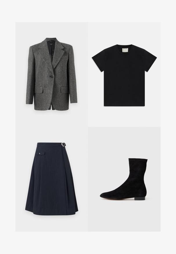 Sacou gri cu model în zig-zag, confecționat dintr-un material texturat, având închidere cu un singur buton, rever cu tăietură și două buzunare frontale.; Tricou negru cu mânecă scurtă și guler rotund, având un etichetă albă în interiorul gulerului, inscripționată cu "D.R.C. EST. 2002" pe un fundal alb.; Fustă A-line în nuanță de albastru marin, cu închidere cu buton pe lateral, dotată cu un buzunar frontal și un material ușor, cu o ușoară strălucire.; Cizme scurte din suede negre, cu un știft ajustat, vârful ascuțit și un toc mic, pătrat. Textură netedă și design minimalist, potrivite pentru un stil versatil.