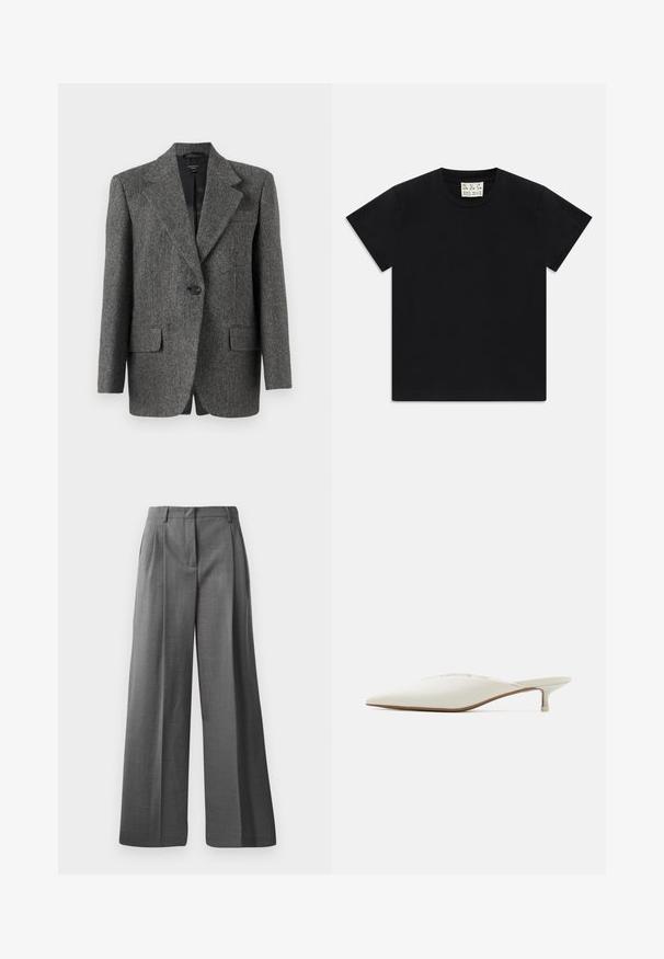 Pilkas chevrono rašto švarkas, pagamintas iš tekstūrinio audinio, su vienu knopku, nupjautomis apykaklėmis ir dviem priekinėmis kišenėmis.; Juodas trumpomis rankovėmis marškinėliai su apvaliu kaklu, vidinėje apykaklės pusėje yra balta etiketė su užrašu "D.R.C. EST. 2002" ant balto fono.; Pilki, plačią kojas turintys kelnių modeliai, pagaminti iš tekstūruoto audinio su subtiliu raštu. Turtinga priekinė klostė ir juostelė su kilpomis diržui.; Kampinis nosas mules iš šviesiai baltos medžiagos. Su žema pakulne ir subtiliu siuvinėjimu palei viršų. Lygus tekstūras, minimalus dizainas.