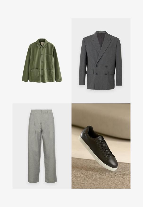 Tmavo šedý dvojradový blejzer s jemnými vertikálnymi pruhmi, tromi čiernymi gombíkmi na každej strane a prednými klopovými vreckami.; Olivená zelená bunda vyrobená z bavlny s predným zapínaním na gombíky, špicatým golierom a štyrmi vreckami. Má uvoľnený strih a mäkkú štruktúru.; Sivé upravené nohavice z textúrovanej tkaniny, so strihom s rovnými nohavicami, prednými záhybmi a štandardným pásom s pútkami na opasok.; Čierne kožené tenisky s bielou gumovou podrážkou a čiernymi šnúrkami, umiestnené na béžovom textilnom povrchu a pozadí.
