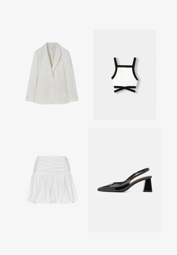 Weißer maßgeschneiderter Blazer mit aufschlagbarem Revers, zwei vorderen Taschen und zwei Knopf-Verschluss. Glatter Stoff mit feiner Textur. Größe 36.; Schwarz-weißes Sport-Bralette mit verstellbaren Trägern, figurbetonter Passform und einem kreuzförmigen Rückendetail. Hergestellt aus dehnbarem, strukturiertem Material.; Weiße Minirock mit gerafftem Bund, fließender A-Linie, glatter Stofftextur und voluminösem, gerüschtem Saum für mehr Bewegungsfreiheit.; Schwarze Lack-Slingback-Pumps mit spitzem Zehenbereich, ausgestattet mit einem einzigartigen geometrischen Blockabsatz und einer glatten Textur. Verstellbarer Riemen für zusätzlichen Halt.